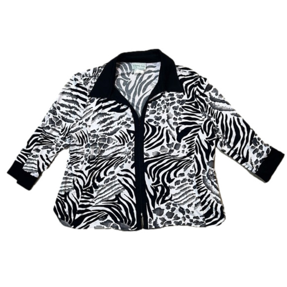 VINTAGE Bantry Bay By Tina Camato Black White Grey Animal Print Zip Up Blouse 3W - Picture 1 of 8